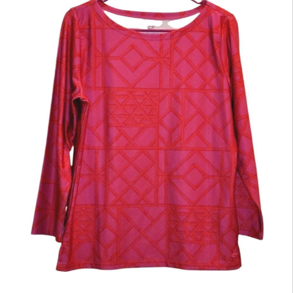 Vineyard Vines Sankaty Printed Boatneck Long-Sleeve Top Shirt Pink Tee Size M